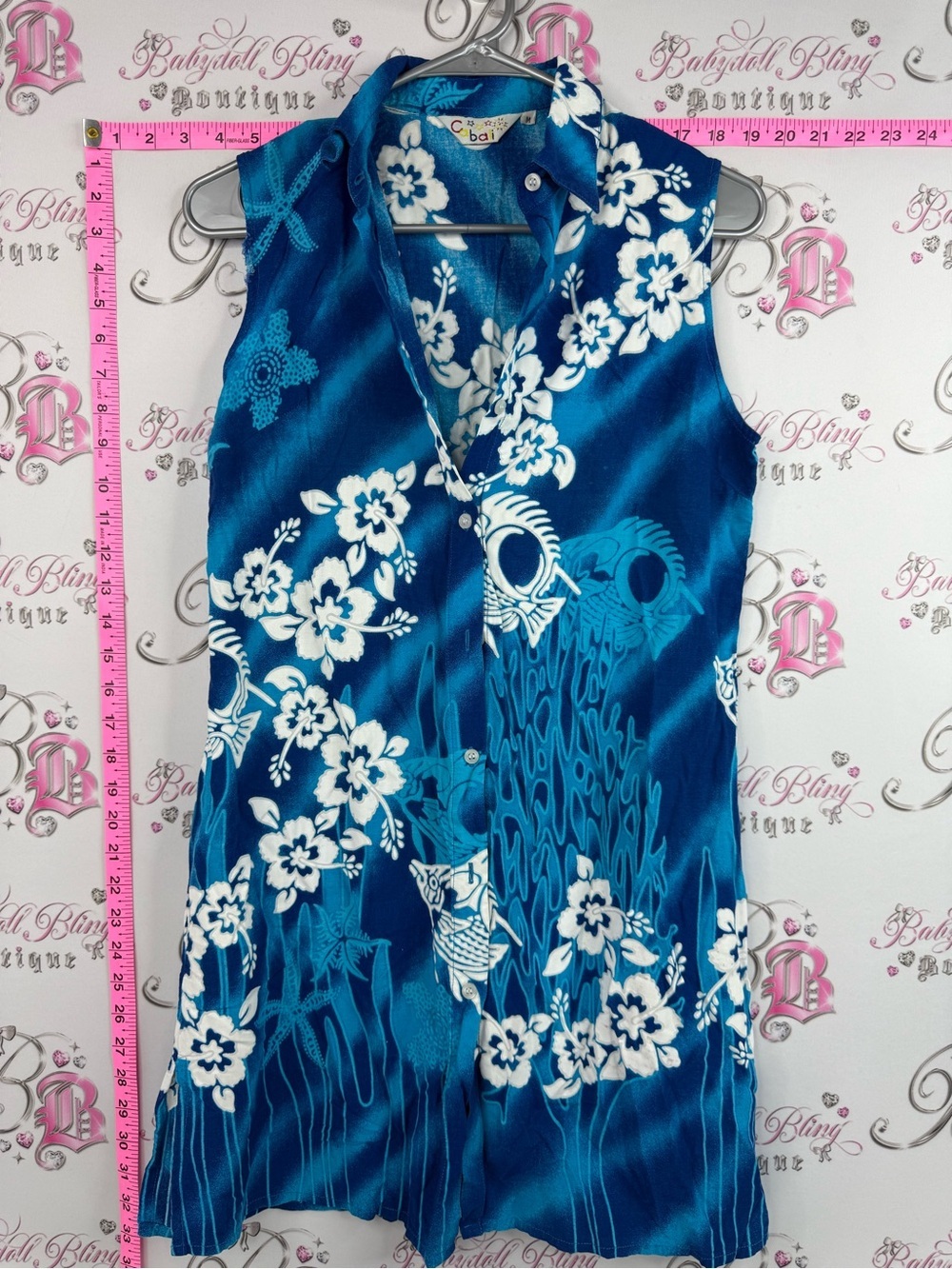 Cabali dress fish vintage button up Blue Floral Hawaiian Sleeveless Shirt